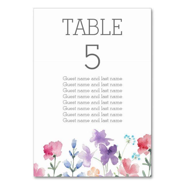 Floral Watercolor Wedding Table Guest's Assigments Number (Front)