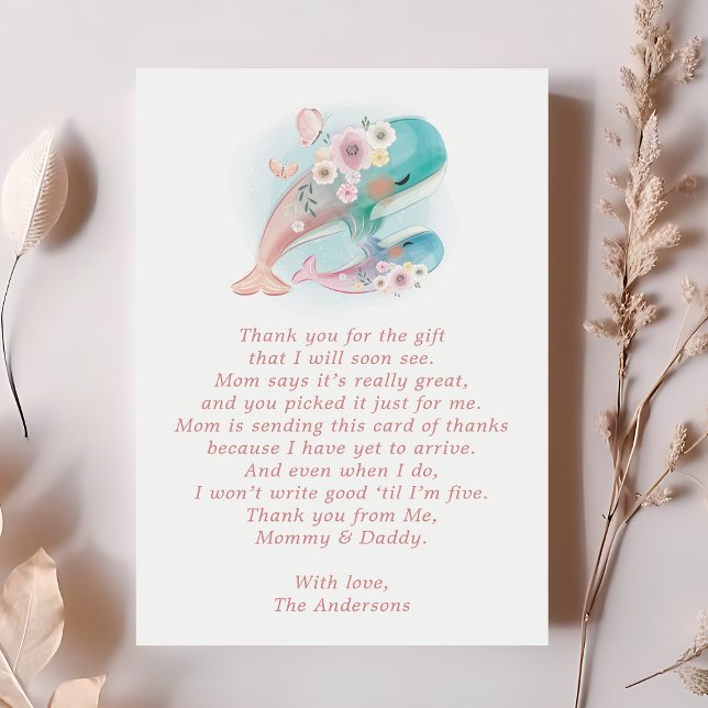 Floral Watercolor Whale Baby Shower Thank You Card (Creator Uploaded)