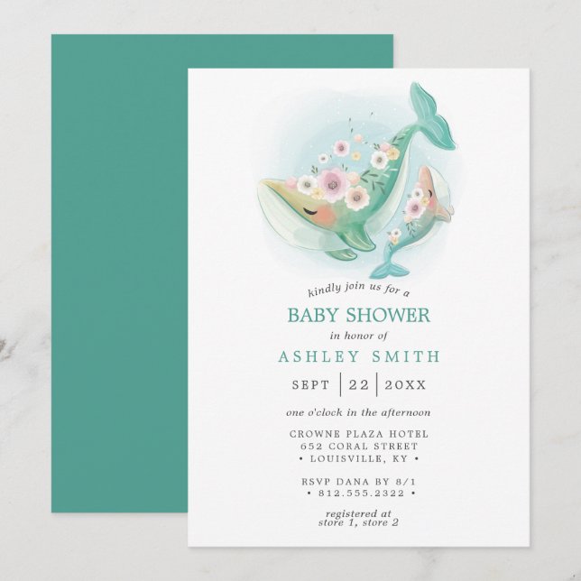 Floral Watercolor Whale Teal Baby Shower Invitation (Front/Back)
