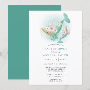 Floral Watercolor Whale Teal Baby Shower Invitation