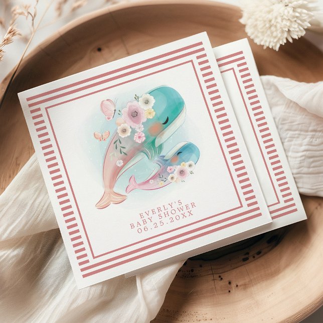Floral Watercolor Whales Girl Baby Shower Napkin (Creator Uploaded)