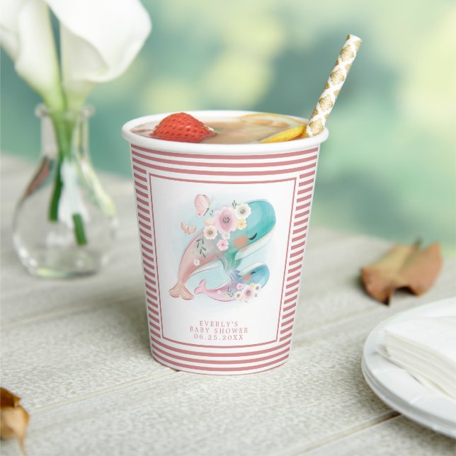 Floral Watercolor Whales Girl Baby Shower Paper Cups (Insitu)