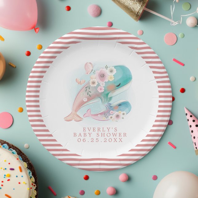 Floral Watercolor Whales Girl Baby Shower Paper Plate (Creator Uploaded)
