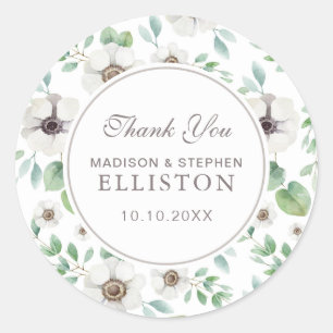 Floral Watercolor   White Anemone   Thank You Classic Round Sticker