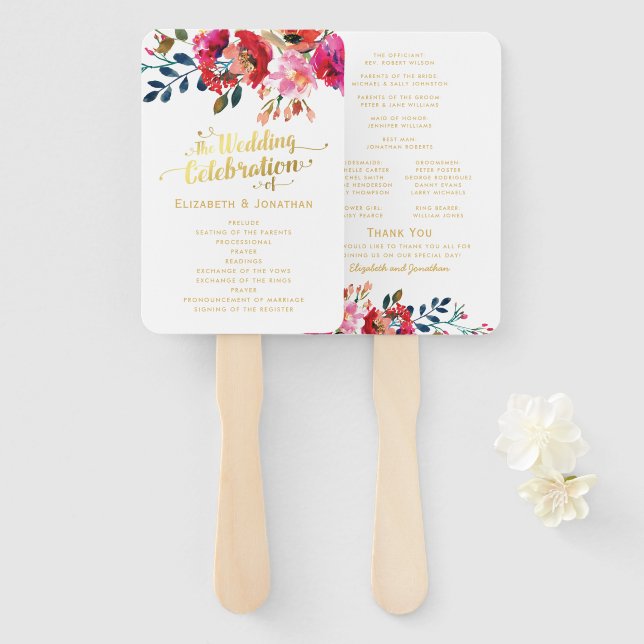 Floral Watercolor White Gold Wedding Program Hand Fan (Front and Back)