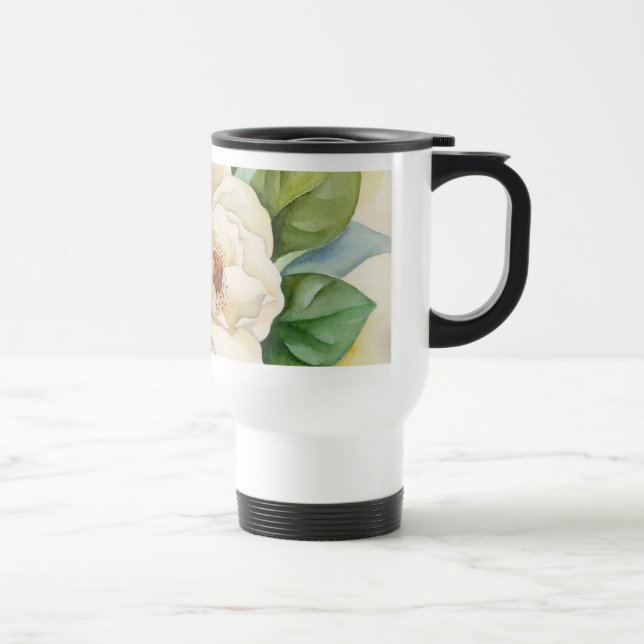 Floral Watercolor White Magnolia Flowers Name Travel Mug (Right)