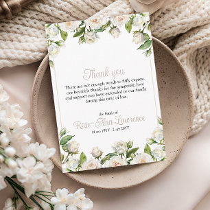 Floral watercolor white roses frame funeral thank you card