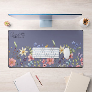 Floral Watercolor Wildflower Purple Grey Desk Mat