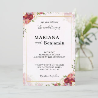 Floral Watercolor with Pastel Pink and Gold Design Invitation