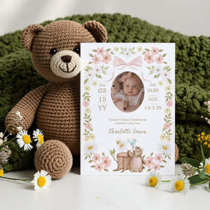 Floral Watercolor Woodland Bear Girl Photo Birth Announcement