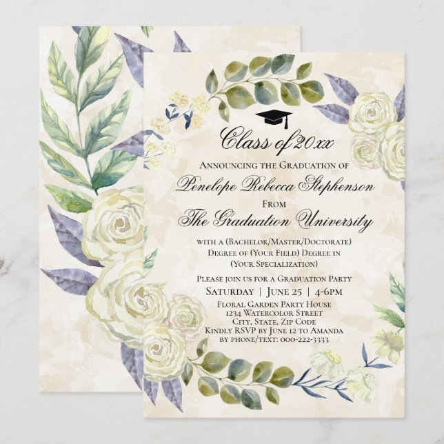 Floral Watercolor Wreath College Graduation Invitation (Front/Back)