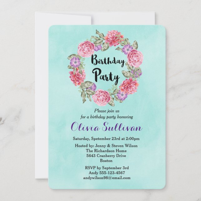 Floral Watercolor Wreath Fancy Birthday Invitation (Front)