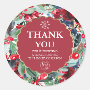 floral watercolor wreath gold red blue thank you classic round sticker
