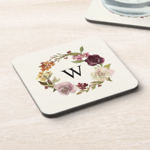 Floral Watercolor Wreath Monogram Beige Coaster