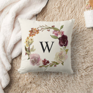 Floral Watercolor Wreath Monogram Beige Cushion