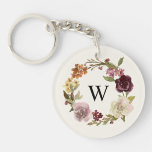 Floral Watercolor Wreath Monogram Beige Key Ring