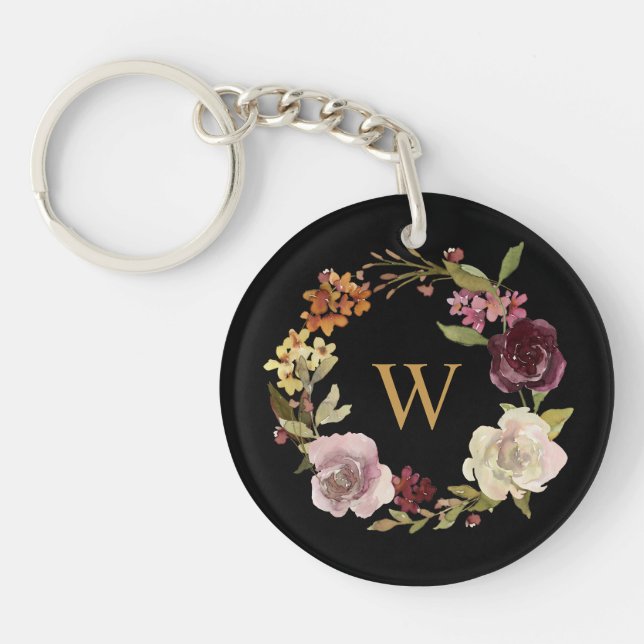 Floral Watercolor Wreath Monogram Black Key Ring (Front)