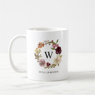 Floral Watercolor Wreath Monogram Family Name Coffee Mug