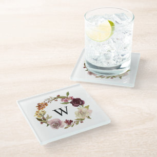 Floral Watercolor Wreath Monogram White Glass Coaster