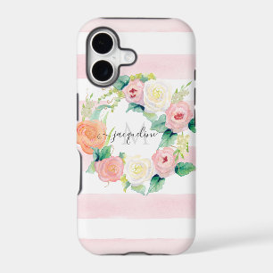 Floral Watercolor Wreath Pink White Stripe w Name
