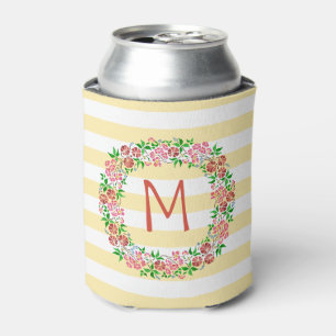 Floral Watercolor Wreath Stripes Pretty   Monogram Can Cooler