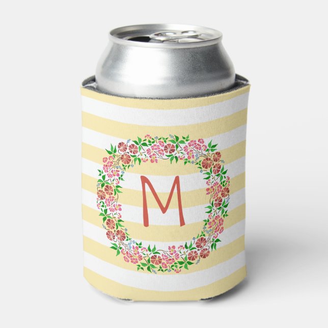Floral Watercolor Wreath Stripes Pretty | Monogram Can Cooler (Can Front)