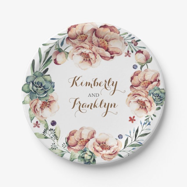 floral watercolor wreath succulents boho fall paper plate (Front)