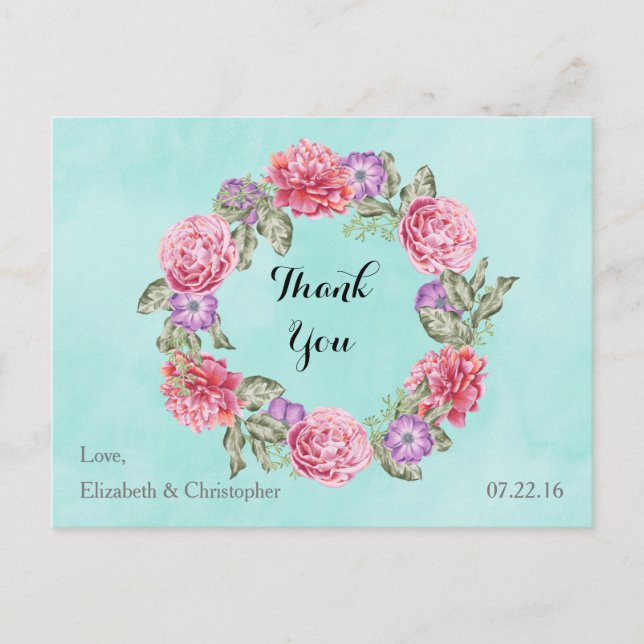 Floral Watercolor Wreath Wedding Thank You Postcard (Front)