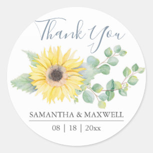 Floral Watercolor Yellow Sunflower Thank You Classic Round Sticker