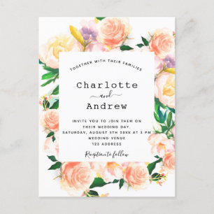 Floral watercolored white rose gold pink wedding postcard