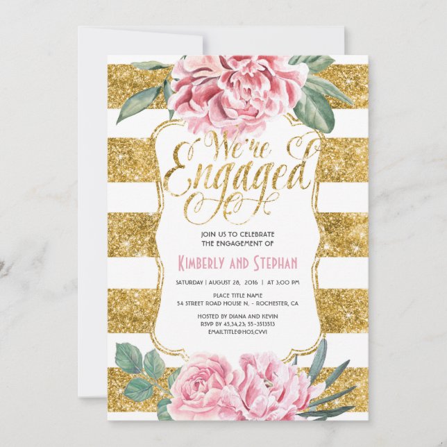 Floral Watercolors Gold Glitter Engagement Party Invitation (Front)