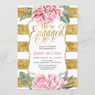 Floral Watercolors Gold Glitter Engagement Party Invitation