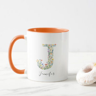 Floral Watercolour Letter J Monogram & Custom Name Mug