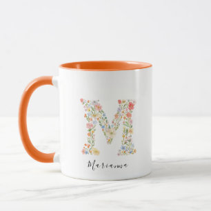 Floral Watercolour Letter M Monogram & Custom Name Mug