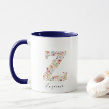 Floral Watercolour Letter Z Monogram & Custom Name