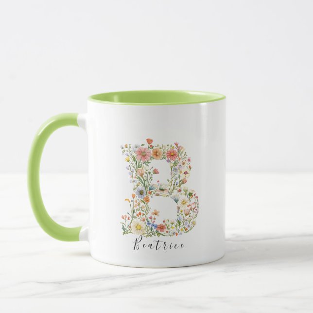 Floral Watercolour Name & Letter B Monogram Mug (Left)