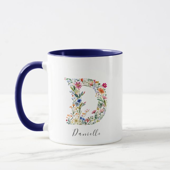 Floral Watercolour Name & Letter D Monogram Mug (Left)
