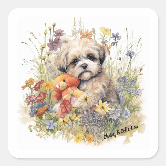 Floral Watercolour Shih Tzu hugging a Teddy Bear  Square Sticker (Front)