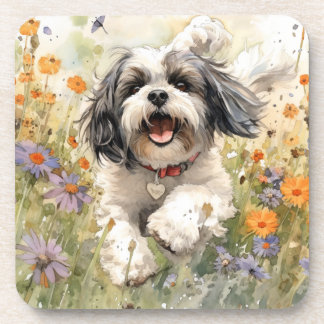 Floral Watercolour Shih Tzu running through flower Coaster