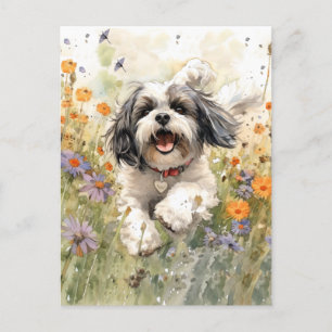 Floral Watercolour Shih Tzu running through flower Postcard