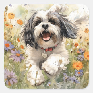Floral Watercolour Shih Tzu running through flower Square Sticker