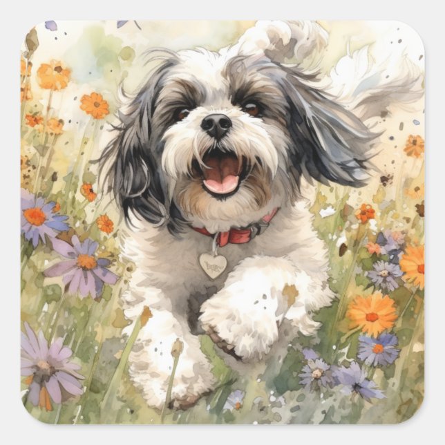Floral Watercolour Shih Tzu running through flower Square Sticker (Front)