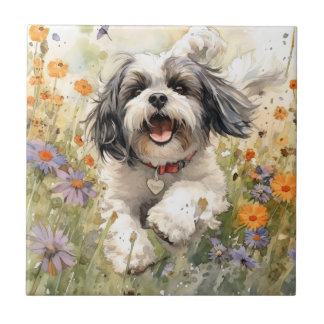 Floral Watercolour Shih Tzu running through flower Tile