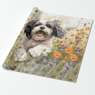 Floral Watercolour Shih Tzu running through flower Wrapping Paper
