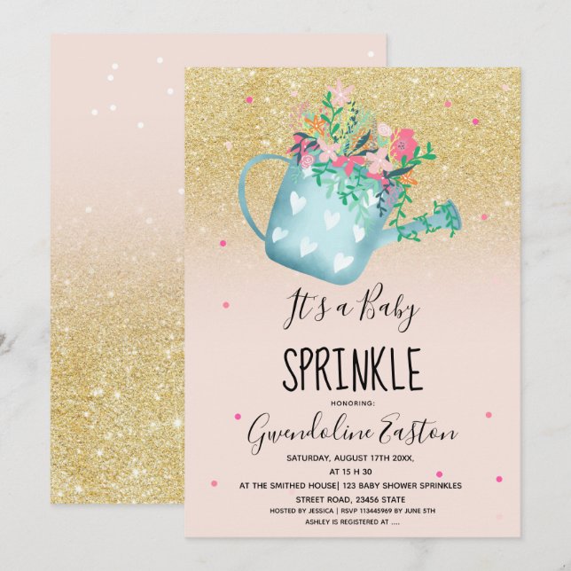 Floral watering can gold baby sprinkle shower invitation (Front/Back)