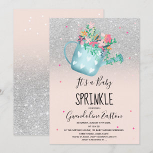 Floral watering can silver baby sprinkle shower invitation