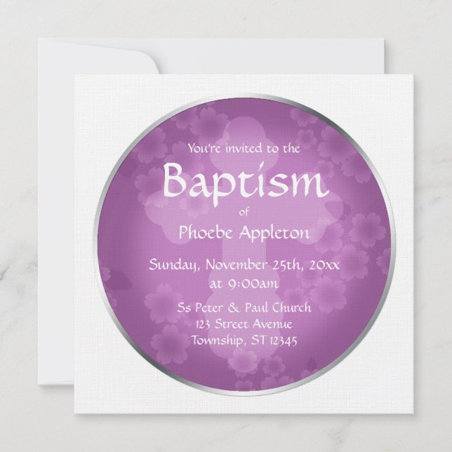 Floral Watermark Amethyst Baptism Invitations (Front)