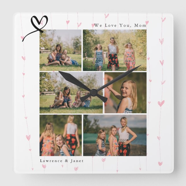 Floral We Love You Abuela Mum Family Photo Collage Square Wall Clock (Front)