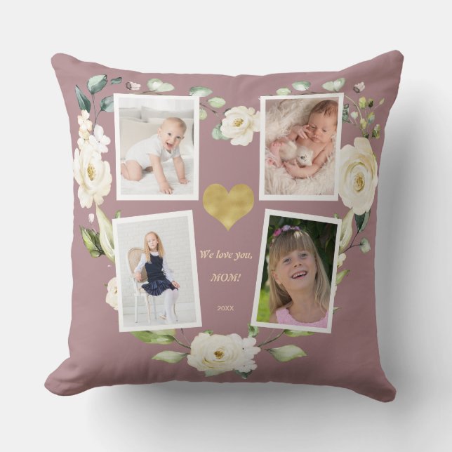 Floral We Love You MOM Photo Collage Mother's Day Cushion (Front)