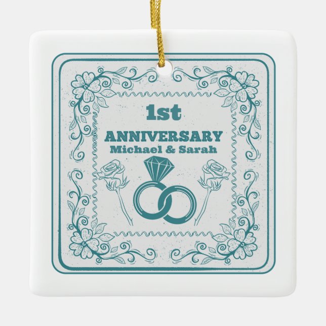 Floral wedding Anniversary Customisable year Ceramic Ornament (Front)